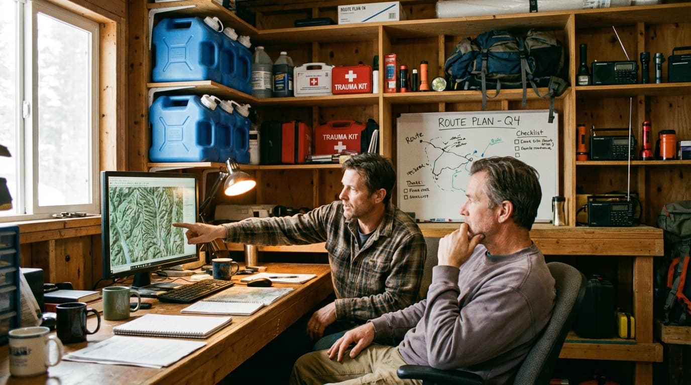Founders working on emergency preparedness plans in their home office with supplies visible